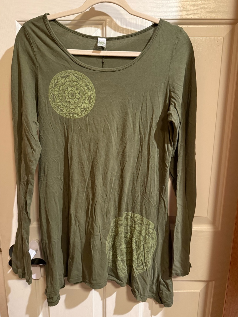 Soul Flower Olive Green Long Sleeve Scoop Neck Tunic or dress with Mandala Print